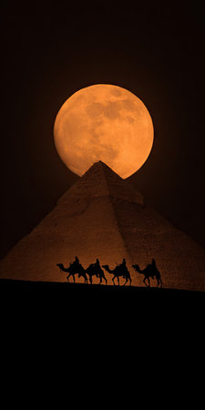 The image presents pyramids and camels silhouetted against a large, bright moon. The scene is bathed in warm, orange tones. The camels walk in a line across the horizon. The composition features a dramatic, low-angle view creating a powerful and potentially symbolic visual for diverse commercial and editorial applications.の素材
