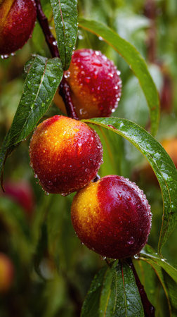This image showcases ripe nectarines clinging to a branch, their skin glistening with water droplets. The fruit displays a gradient of red and yellow hues, contrasting with the green leaves in the background. The close-up composition and natural lighting suggest an outdoor setting, suitable for various editorial and commercial applications.の素材