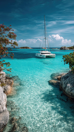 A sailboat is anchored in clear turquoise water surrounded by rocky shores and lush greenery. The image displays a bright blue sky with scattered clouds. This vibrant outdoor scene features strong sunlight and can be used for various commercial or editorial purposes.の素材