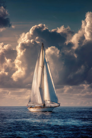 A sailboat navigates ocean waters under a vivid sky filled with large, fluffy clouds. The image showcases a sailing vessel with bright white sails, set against a backdrop of varying shades of blue and gray. This scene is ideal for illustrating themes of travel, adventure, and maritime activities, suitable for diverse editorial and commercial applications.の素材