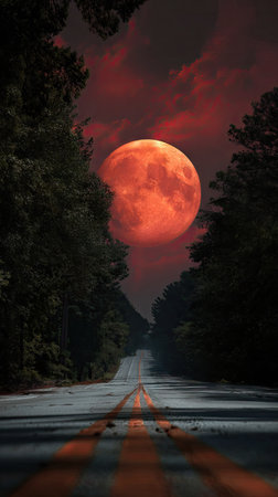 A road stretches into a forest, leading the viewer toward a large, red moon suspended in the sky. The scene is set at twilight, with dark trees flanking the road. The composition is symmetrical, with strong leading lines and a dramatic, atmospheric lighting. This image is suitable for various commercial or artistic projects.の素材