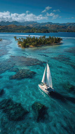 A sailboat navigates across crystal clear turquoise water towards a small island. The scene features a lush green island with a cluster of trees. The composition presents a top-down view, with vibrant blue skies, sunlight reflecting off the water, and distant mountains. It may be suitable for travel, adventure, or leisure-related commercial projects.の素材