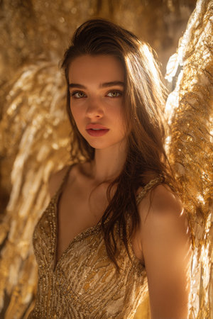 This image features a woman adorned in a sparkling gown, complemented by decorative golden wings. The composition highlights soft lighting and warm tones, creating an ethereal aesthetic. It's suitable for various commercial uses, including advertising and editorial content. The style could be used for fashion, beauty, or conceptual projects.の素材