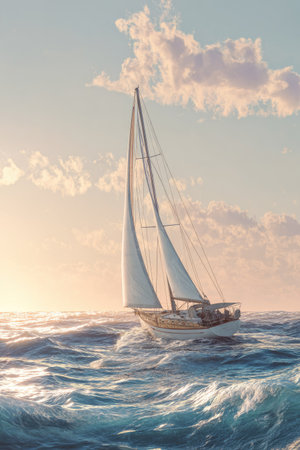 A sailboat cuts through ocean waves under a partly cloudy sky. The image presents a dynamic composition with textures of water and sails. Soft sunlight illuminates the scene, suggesting a daytime environment. This image is suitable for various commercial and editorial purposes.の素材