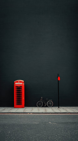 A vibrant red telephone booth and a bicycle are featured against a dark wall in an outdoor setting. The composition emphasizes the contrast of colors and shapes. The scene presents a modern minimalist style with a touch of urban life. Suitable for various commercial and editorial applications.の素材