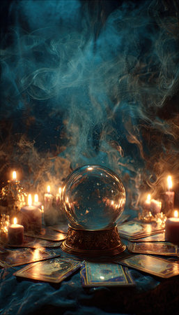An illuminated crystal ball sits center stage, surrounded by flickering candles and scattered cards. A swirling plume of smoke rises, creating a hazy atmosphere. The scene is illuminated by warm candlelight against a dark background. The image is suitable for conceptual or illustrative applications.の素材