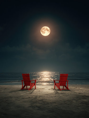 Two red chairs sit on a sandy beach silhouetted against the night. A full moon shines brightly over the ocean, with shimmering light. The composition uses a low-angle perspective and the lighting suggests a tranquil, possibly romantic, mood. This image could be used for various commercial projects.の素材