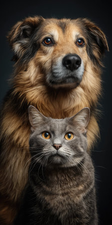 A domestic dog and cat are presented together in a vertical composition against a dark background. The dog features brown and black fur, while the cat displays gray fur. The image showcases a studio-style aesthetic with soft lighting. This image could be useful for various commercial and editorial applications.の素材