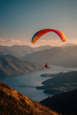 A paraglider is seen high above a mountain range and a large lake. The scene is bathed in warm sunlight, with the paraglider's wing displaying vibrant colors. The landscape includes mountains and water under a colorful sky. This image may be suitable for adventure, travel, and outdoor themes.の素材