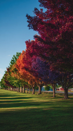 A row of trees displays a spectrum of autumnal colors, ranging from green to deep red. The trees stand in a field under a clear blue sky. The composition features a bright, sunny environment, lending itself well to various commercial applications, including advertising and editorial content.の素材