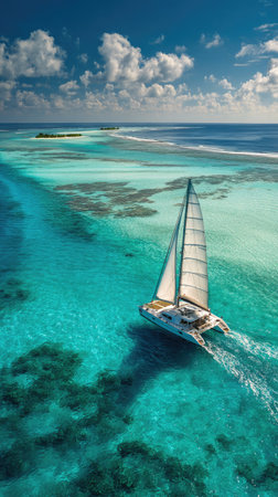 A sailboat glides through vibrant turquoise water, with a bright blue sky and fluffy clouds overhead. The image captures the boat with its white sails against the backdrop of a tropical setting. The composition suggests a sense of freedom and adventure, ideal for use in travel or lifestyle publications.の素材