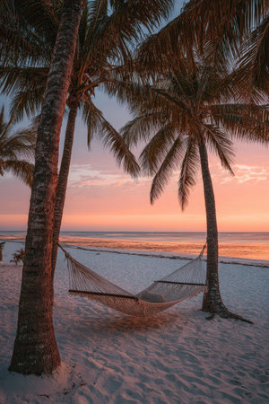 Two tall palm trees flank a hammock on a sandy beach. The warm light of sunset bathes the scene in shades of pink and orange, creating a serene and relaxing atmosphere. The image composition uses vertical lines to emphasize the height of the trees. This setting could be used for commercial designs or travel publications.の素材