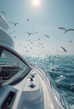 A yacht sails across the open sea, surrounded by a flock of soaring seagulls. The composition features a low-angle view of the vessel against a backdrop of blue sky and water. The lighting is bright and natural, creating a sense of freedom. This image could be used for travel and leisure content.の素材