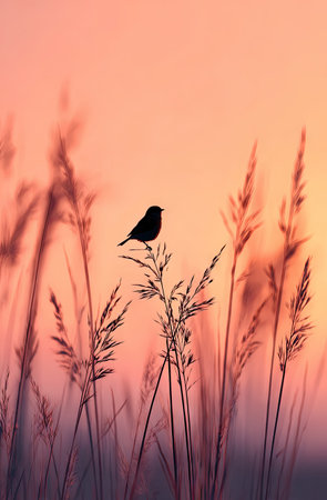 A small bird silhouette rests atop a tall plant, set against a warm-toned gradient sky. The image showcases a delicate composition with blurred foreground elements and soft, diffused lighting. Suitable for illustrations and various creative projects, it could be used to represent nature or convey themes of tranquility.の素材
