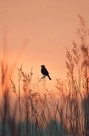 A small bird silhouette rests on a thin branch amidst tall grass against a warm-toned sunset sky. The composition features soft textures, natural colors, and a balanced arrangement. It can be used for various design projects, including editorial features, website backgrounds, and commercial artwork.の素材