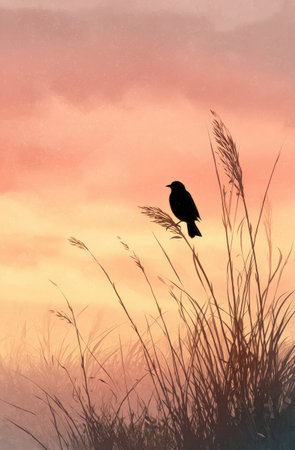 A black bird silhouette rests atop tall reeds, silhouetted against a warm, pastel-colored sky. The image features a soft, painterly style with diffused lighting, suggesting an outdoor environment at dusk. The composition might be suitable for use in editorial content, nature publications, or artistic designs.の素材