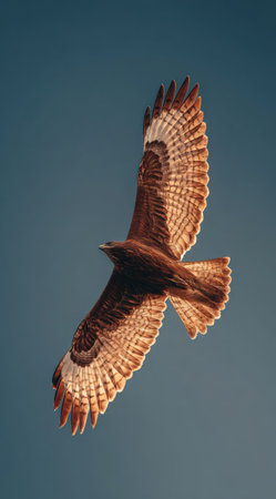 An avian predator is captured mid-flight, showcasing a broad wingspan. The bird displays a mix of brown and white plumage, contrasted against the azure backdrop. The image uses natural lighting to highlight feather details. This image can be used in editorial and commercial contexts, as well as various creative projects.の素材