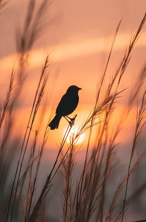A dark bird silhouette is perched on a plant in this photograph. The background features an orange and yellow sunset with tall grass blades. The composition and lighting create a visually appealing image suitable for a variety of creative projects and commercial uses.の素材