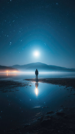 A lone figure stands silhouetted before a bright moon, reflected in the calm water. The image features a cool color palette with blue and white hues, and a surreal atmosphere created by the soft lighting. The composition suggests a sense of solitude and contemplation, suitable for various creative projects.の素材