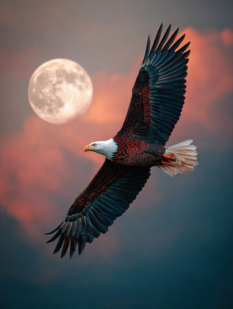 An eagle, wings spread in flight, is the central focus of this photograph. It is set against a backdrop featuring a large full moon and a colorful sky displaying hues of orange and blue. The composition suggests a dramatic, possibly evening, environment. This image might be appropriate for editorial use or commercial projects.の素材