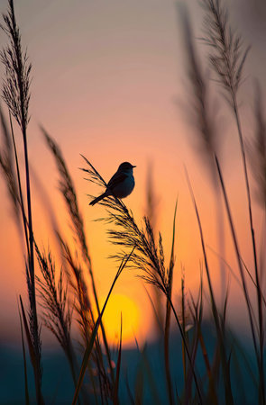 A small bird silhouette is seen perched on a stem of tall grass against the backdrop of an orange and yellow sunset. The image showcases natural textures and a vertical composition. The lighting creates a warm, atmospheric effect, ideal for various editorial and commercial projects.の素材