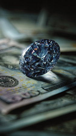 A brilliant diamond sits prominently on a bed of American dollar bills. The image showcases the jewel's facets, reflecting light and color. The composition, with its shallow depth of field, suggests wealth and value. It may be suitable for financial publications or promotional materials.の素材
