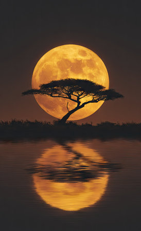 A single tree silhouetted against a large, golden full moon dominates this image. The tranquil scene features water reflecting the tree and moon, creating symmetry. The dark sky suggests a night setting, with potential uses in various artistic, commercial, or editorial projects.の素材