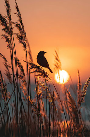 A bird silhouette sits atop a stalk of tall grass, set against a vibrant sunset. The image displays warm orange and yellow hues, creating a dramatic contrast. The composition features an overhead view with sunlight creating a soft glow. This image is suitable for various commercial applications.の素材