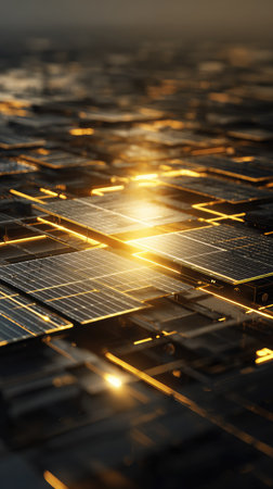 This image displays a close-up view of solar panels with a bright golden illumination. The composition highlights the geometrical arrangement and reflective qualities of the panels. The style suggests a futuristic aesthetic, possibly representing a technological advancement. The image could be used to illustrate ideas related to sustainability, clean energy, and environmental protection.の素材