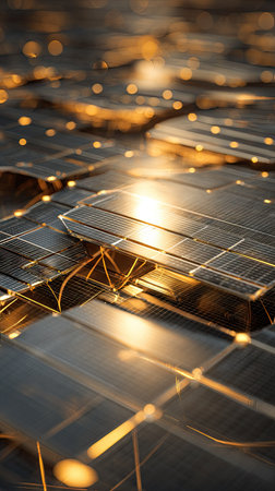An abstract image showcases a network of solar panels with a futuristic aesthetic. The composition highlights reflective surfaces and golden accents. The lighting suggests a sunny environment. This image could be used in various commercial contexts to represent energy or technology themes.の素材