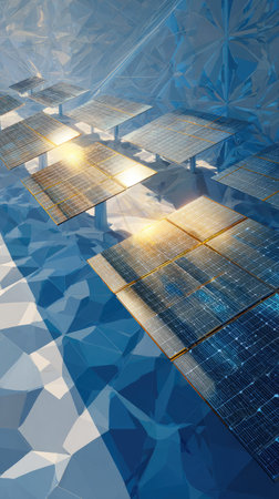 An array of solar panels is presented in an abstract composition with a blue, geometric overlay. The image uses a combination of light and shadow to highlight the panels' textures, enhanced by glowing sunlight. This image is suitable for illustrating concepts of renewable energy and technological innovation.の素材