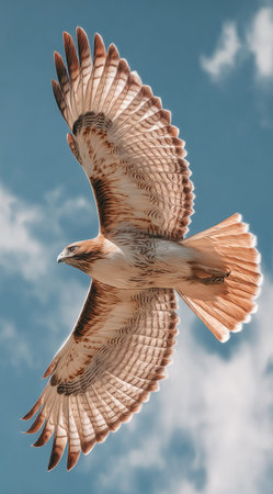 A hawk is captured mid-flight with expansive wings against a backdrop of a bright blue sky and scattered clouds. The bird showcases a blend of brown and white plumage with a focused gaze. The image presents natural lighting and could be used in projects related to wildlife, nature, or freedom.の素材