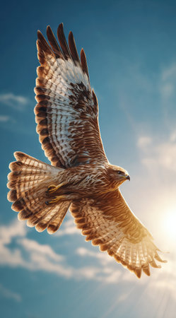 A hawk is captured in mid-flight, wings fully extended against a backdrop of a clear, blue sky. The bird displays a mix of brown and white feathers, lit by sunlight. This image showcases the natural beauty of wildlife and can be used for various commercial and editorial projects.の素材