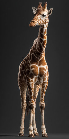 A giraffe is the central subject, presented against a dark, seamless background. The animal displays a pattern of brown and white spots, a long neck, and slender legs. The composition offers a full-body view, potentially suitable for various commercial and editorial applications that need wildlife depictions.の素材