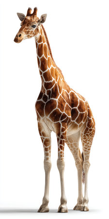 A giraffe stands tall with its long neck and legs prominent, its coat displaying a distinctive pattern. The image showcases the animal isolated against a clean white backdrop, emphasizing its form. Suitable for diverse commercial uses, the composition focuses on natural light and realistic textures.の素材