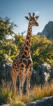 A tall giraffe with patterned fur stands prominently in a natural environment, with trees and rocky elements. The image presents a daytime setting with clear skies, soft sunlight, and natural colors. This image could be used in various projects, from educational materials to advertising.の素材
