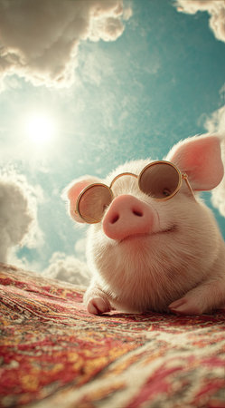 A smiling pig, wearing sunglasses, rests on a patterned surface. The image features a bright, sunny background filled with clouds. The scene is illuminated with natural lighting, suggesting an outdoor setting. This image could be used for a variety of commercial and editorial purposes.の素材