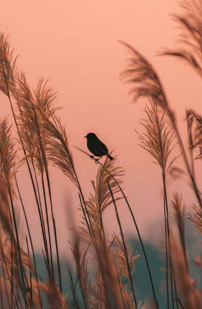 A small, dark bird perches atop swaying grass. The composition employs a silhouette against a gradient of orange and pink. The image emphasizes natural elements, featuring long, feathery textures in the foreground. This image is suitable for various commercial and editorial uses, offering a serene depiction of nature.の素材