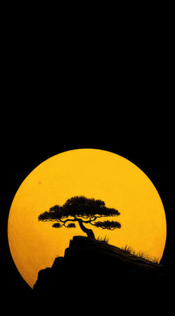 An image features a silhouetted bonsai tree atop a rocky landscape. The tree is positioned in front of a large, orange circular shape reminiscent of the sun, set against a deep black background. The composition and contrasting colors may be suitable for various artistic or decorative applications.の素材