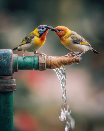 Two birds with vibrant plumage are seen perched on a green and bronze water faucet. Water cascades downward, creating a dynamic visual. The background is blurred, suggesting an outdoor environment with natural lighting. This image would be suitable for various editorial and commercial applications.の素材