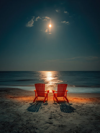 Two red chairs are positioned on a sandy beach, illuminated by moonlight reflected on the ocean. The composition includes a dark blue sky with the moon and clouds. The scene suggests a tranquil evening. Potential uses include promotional visuals for relaxation, travel, or leisure.の素材