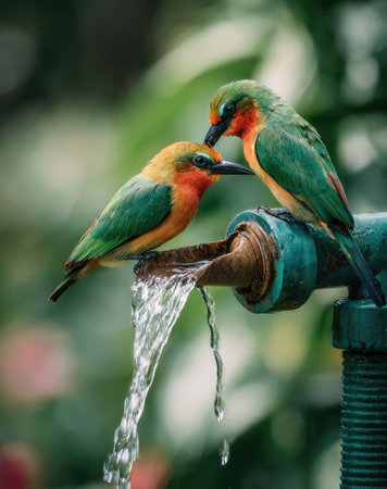Two colorful birds rest on a metal spigot with water cascading down. The image displays bright green, orange, and red hues, featuring detailed feathers. The composition showcases a close-up view, highlighting the birds' interaction against a blurred background. This image could be used in various commercial projects.の素材