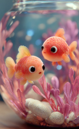 Two adorable cartoon goldfish swim within a transparent fishbowl. The scene showcases soft pink and orange hues, with coral and white elements. The lighting is bright, creating a cheerful and inviting atmosphere. The image is suitable for various uses, including educational materials and decorative projects.の素材