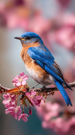 A bluebird, characterized by its striking blue plumage and warm brown chest, rests on a branch adorned with delicate pink flowers. The image showcases a shallow depth of field, highlighting the bird against a blurred backdrop of similar colors. It is suitable for nature-related articles, environmental campaigns, or springtime promotional materials.の素材