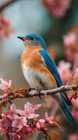 A colorful bluebird with vibrant blue, orange, and white plumage is perched on a blooming branch. The composition showcases soft pink flowers and a blurred background. The image displays natural light, creating a visually appealing scene for editorial and commercial applications, emphasizing natural beauty.の素材