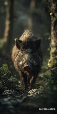 A wild boar is captured in a forward-facing pose within a forest setting. The image showcases the animal's coarse fur and distinctive features, set against a background of lush greenery. The composition suggests a daytime environment, possibly used for nature-related content or wildlife studies.の素材