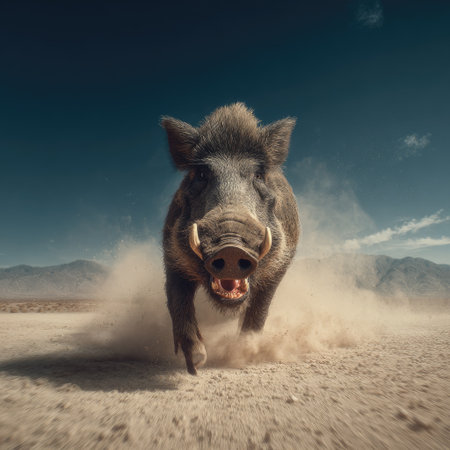 A wild boar charges forward, kicking up dust against a backdrop of a clear blue sky. The image features a low angle perspective with dramatic lighting emphasizing the animal's movement and imposing presence. The scene evokes a sense of action and can be used for various commercial and editorial purposes.の素材