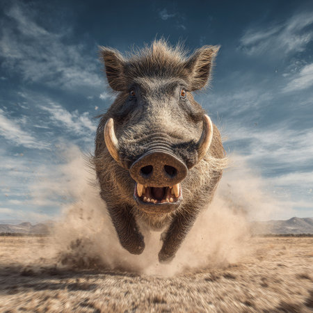 A wild boar is captured in motion, running toward the camera. The image showcases the animal's textured fur and prominent tusks. Dusty ground and a cloudy sky create a natural outdoor environment. This photograph could be used in a variety of commercial and editorial applications.の素材