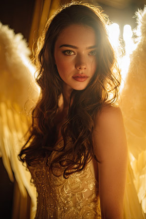 A woman with long, flowing hair is the central subject, adorned with feathered angel wings. The composition features a warm, golden color palette with soft, diffused lighting. This portrait style image could be used in various creative projects, including promotional materials or editorial content, for artistic representation.の素材