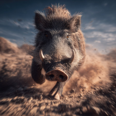 A wild boar, captured in a dynamic action shot, dominates the frame as it charges forward. The animal's brown and grey fur contrasts against the blurred background of a desert terrain. The composition emphasizes movement, conveying a sense of energy, potentially suitable for use in diverse commercial and editorial projects.の素材